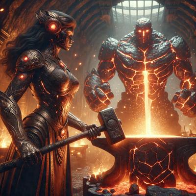 The primary subject of the image is a woman holding a large hammer, standing in front of a large stone statue. The setting appears to be a dark, possibly underground environment, with the statue and the woman being the main focus of the scene. The visual style of the image is digital art, with the woman and the statue being the main objects in the foreground. The colors and mood of the image are dark and dramatic, with the woman and the statue being the main sources of light and contrast in the scene.